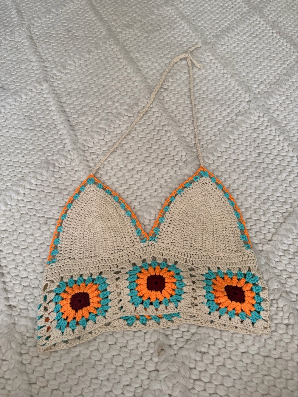 Crochet Halter Bralette Top in Cream with Turquoise & Orange Accents